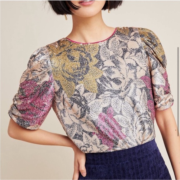 Anthropologie Tops - Anthropologie Marie Floral Sequin Puff Ruched Sleeve Top Size 4